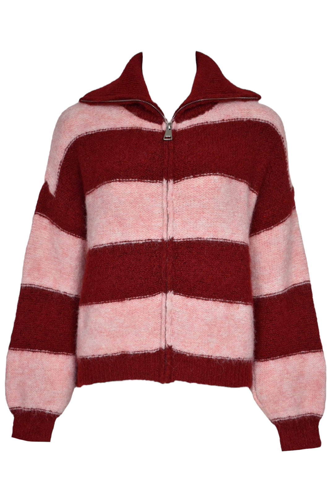 Pink & Burgundy Striped Zip Up Cardigan
