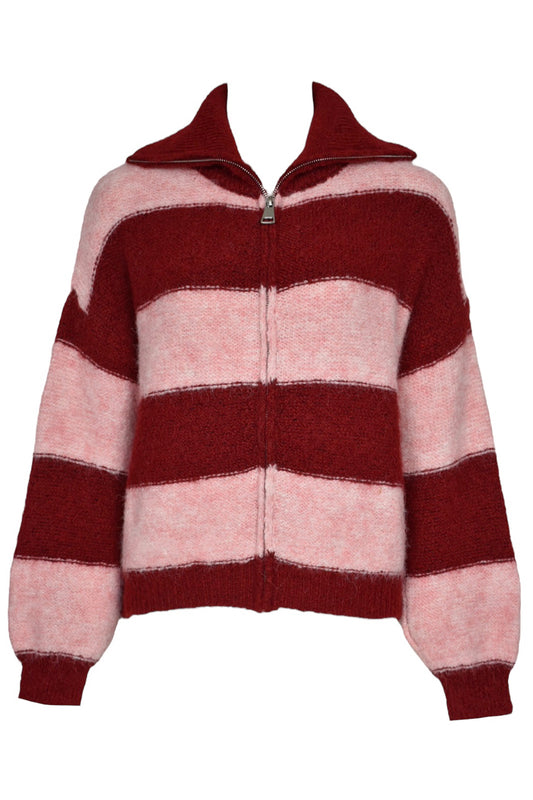 Pink & Burgundy Striped Zip Up Cardigan