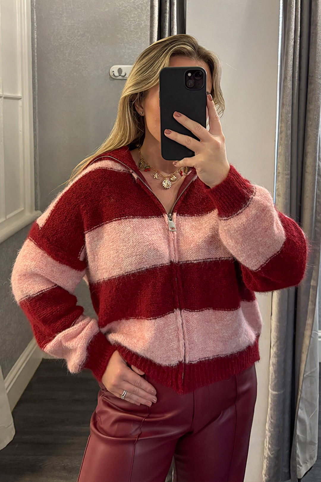 Pink & Burgundy Striped Zip Up Cardigan