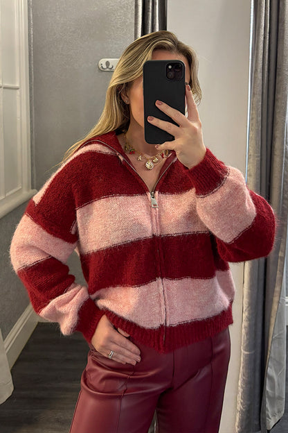 Pink & Burgundy Striped Zip Up Cardigan