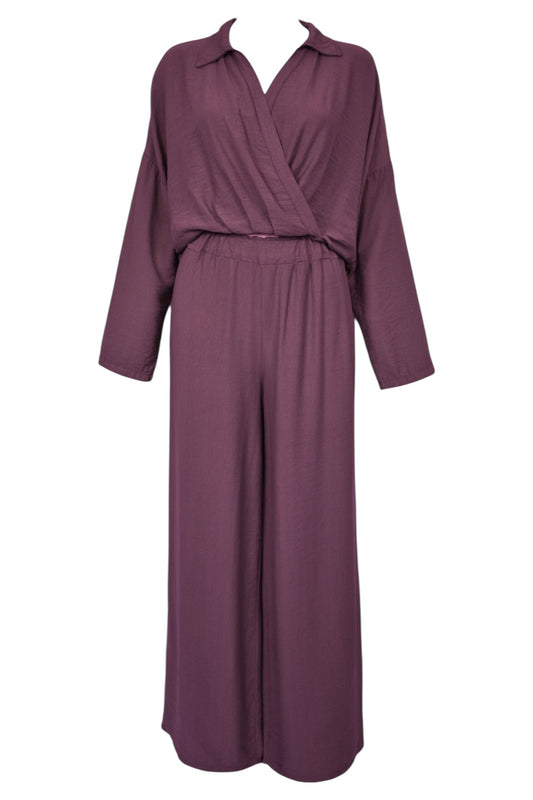Plum Wrapover Top & Wide Leg Tousers Co-ord