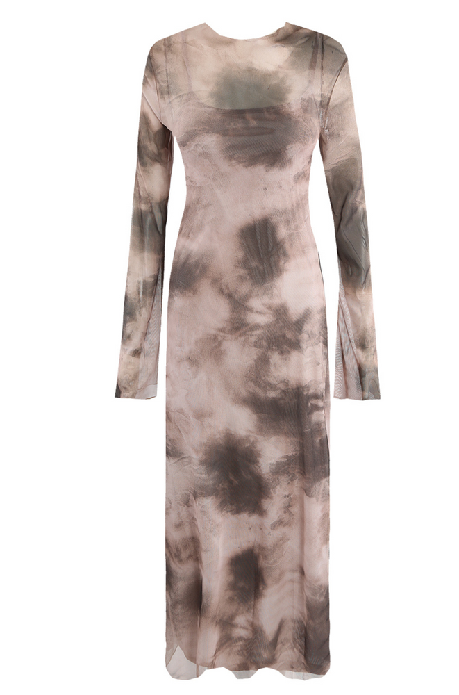Taupe Marble Long Sleeve Sheer Dress