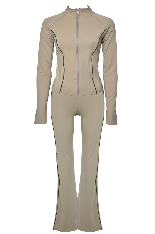 Taupe Active Contrast Piping Zipped Jacket & Flares Set
