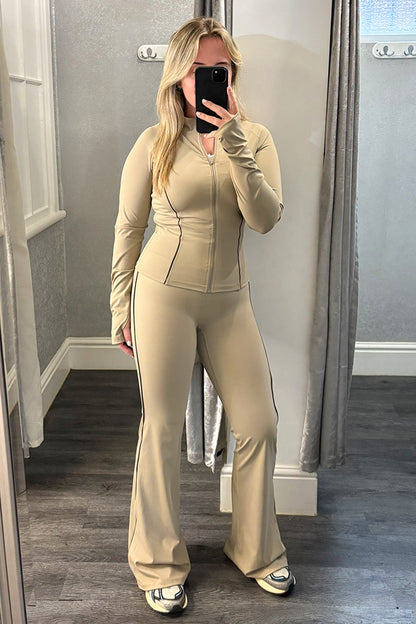 Taupe Active Contrast Piping Zipped Jacket & Flares Set