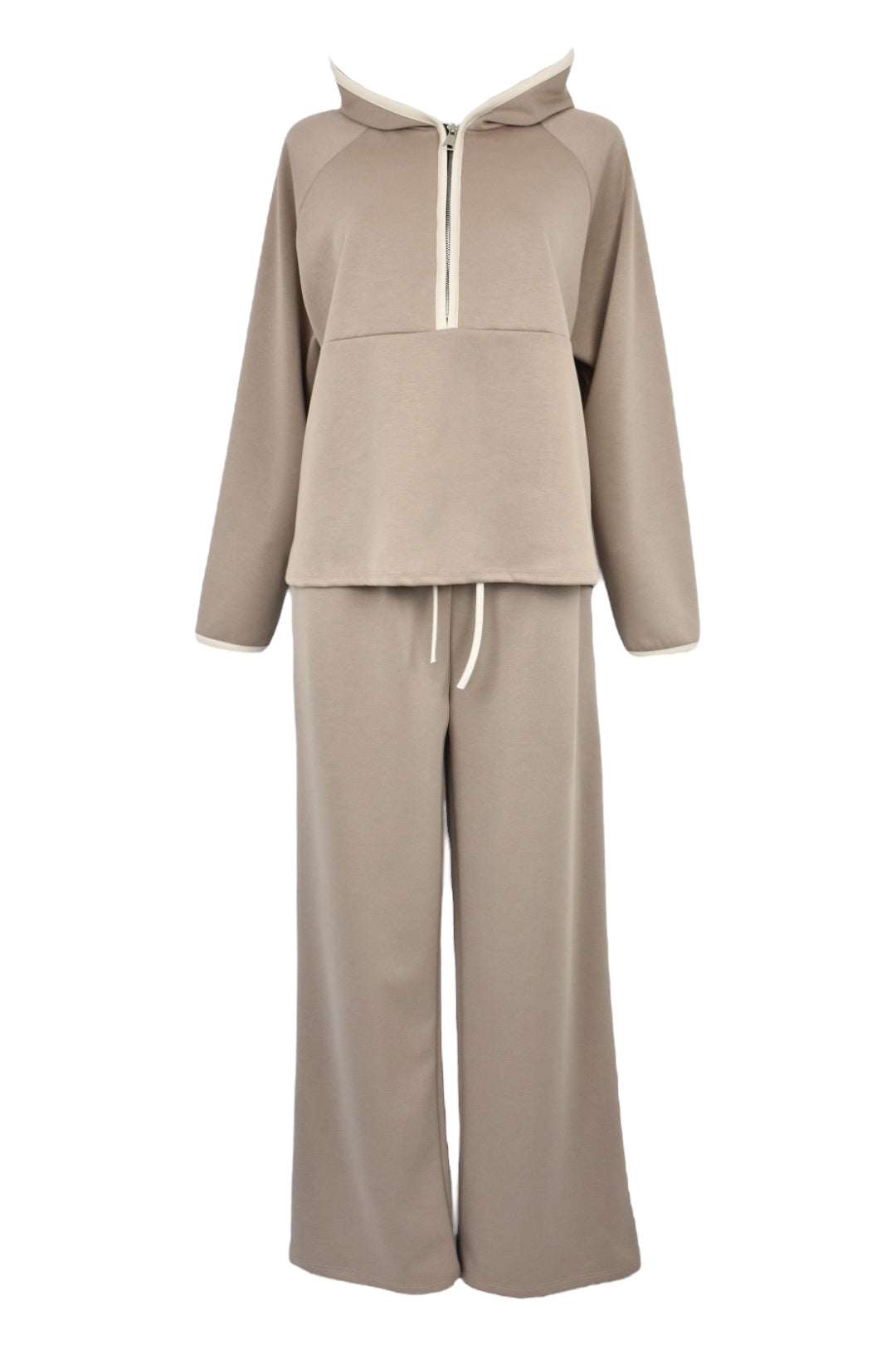 Taupe Hooded Half Zip Wide Leg Loungesuit