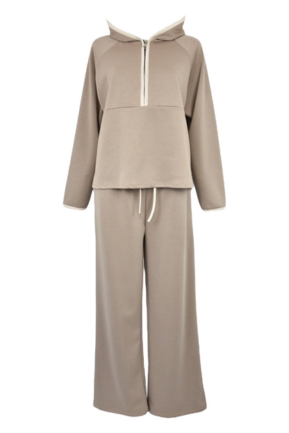 Taupe Hooded Half Zip Wide Leg Loungesuit