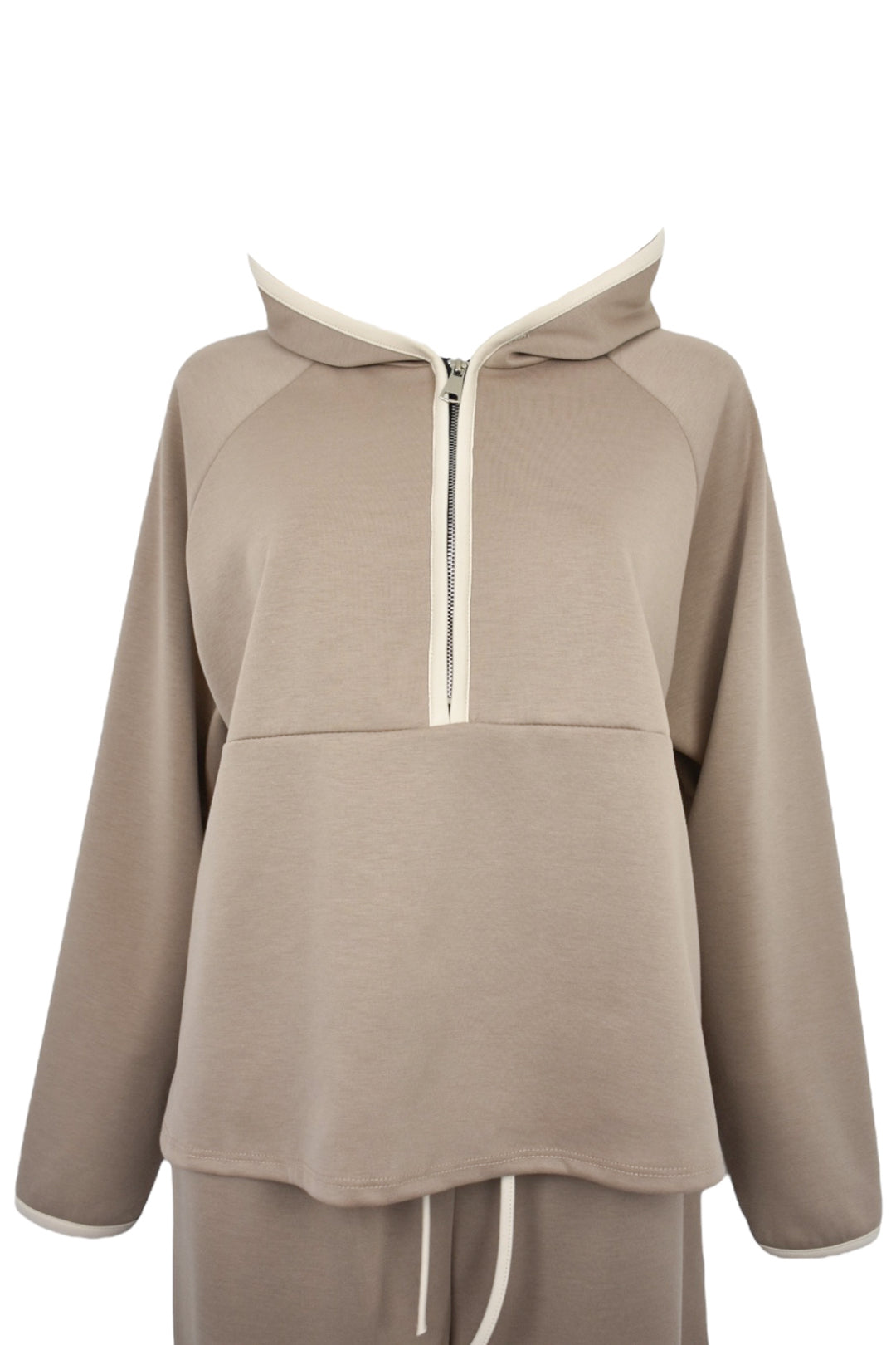 Taupe Hooded Half Zip Wide Leg Loungesuit Top