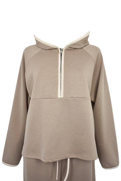 Taupe Hooded Half Zip Wide Leg Loungesuit Top