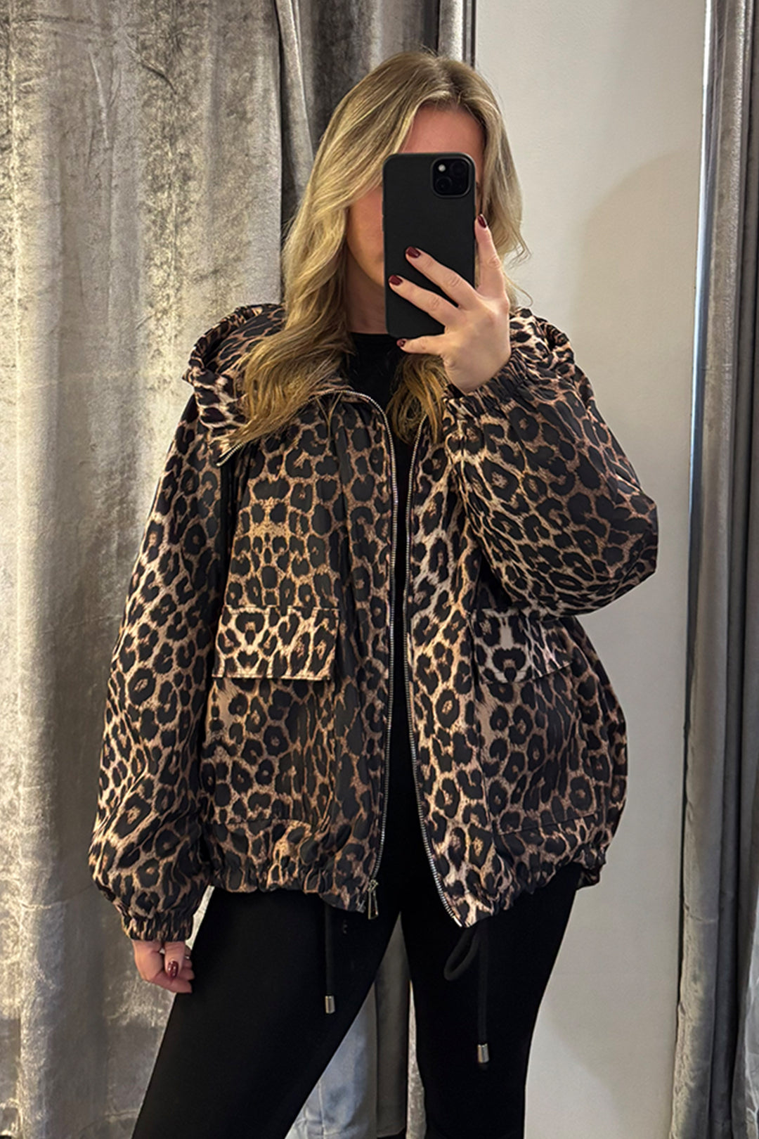 Womens Animal Print Dipped Hem Hooded Coat