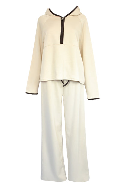Beige Hooded Half Zip Wide Leg Loungesuit