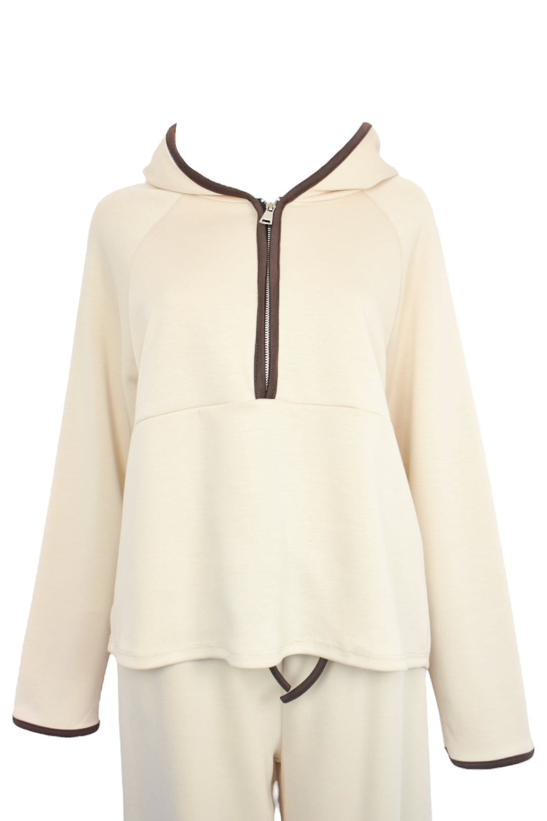 Beige Hooded Half Zip Wide Leg Loungesuit