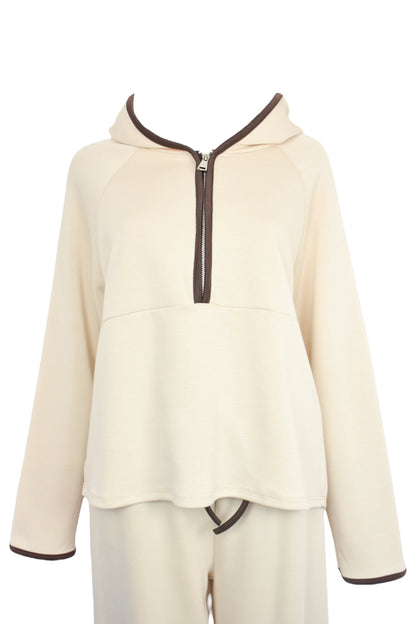 Beige Hooded Half Zip Wide Leg Loungesuit