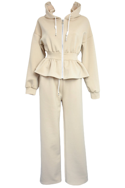 Beige Peplum Jacket Wide Leg Trousers Lougesuit