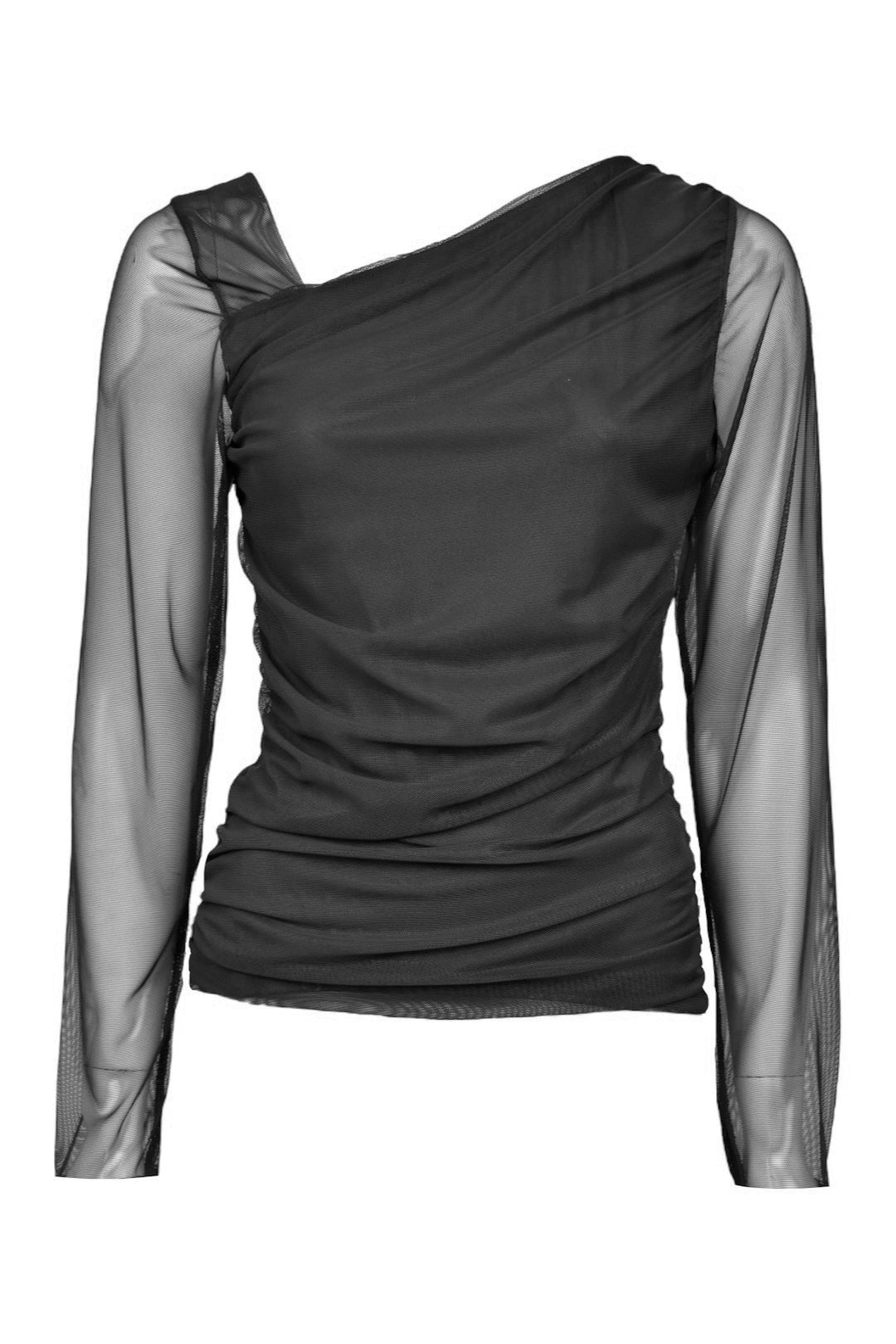 Womens Black Asymmetric Neck Ruched Sheer Top 