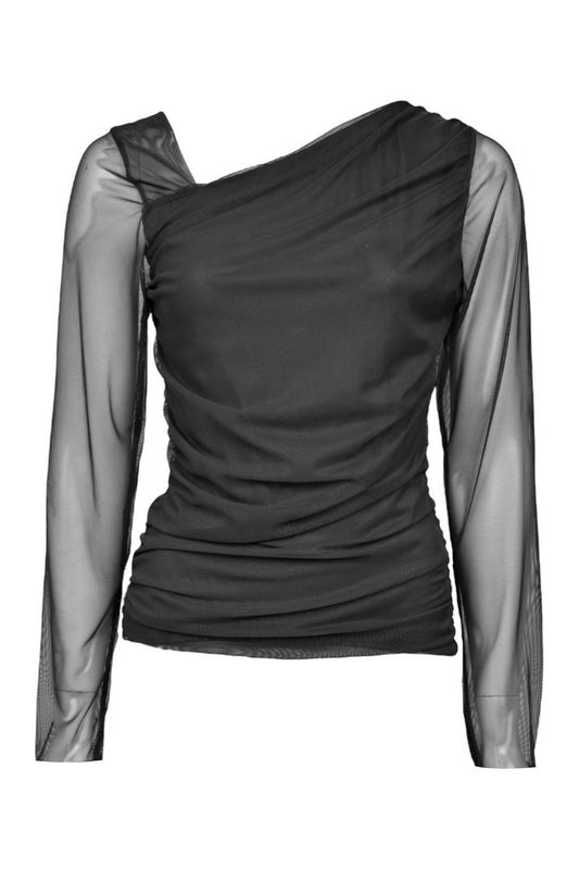 Womens Black Asymmetric Neck Ruched Sheer Top 