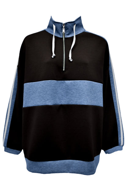 Black Contrast Striped Quarter Zip Sweatshirt