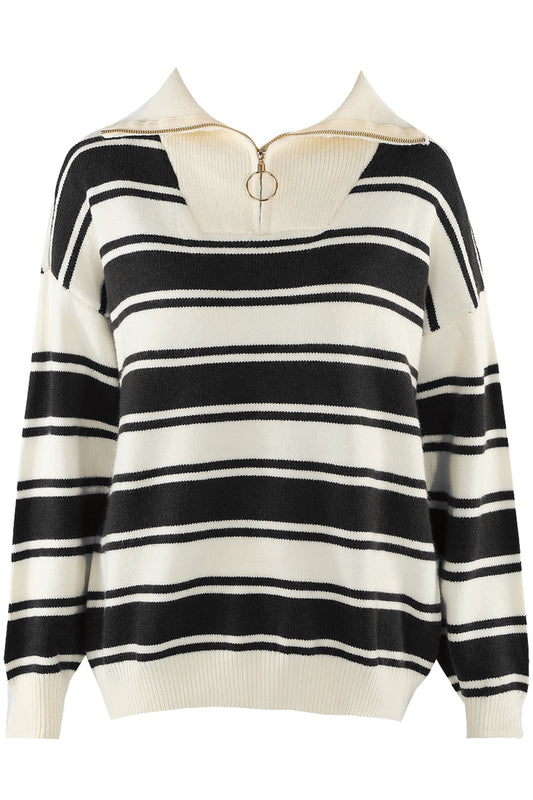Womens Black & Cream Double Stripe Quarter Zip Jumper 