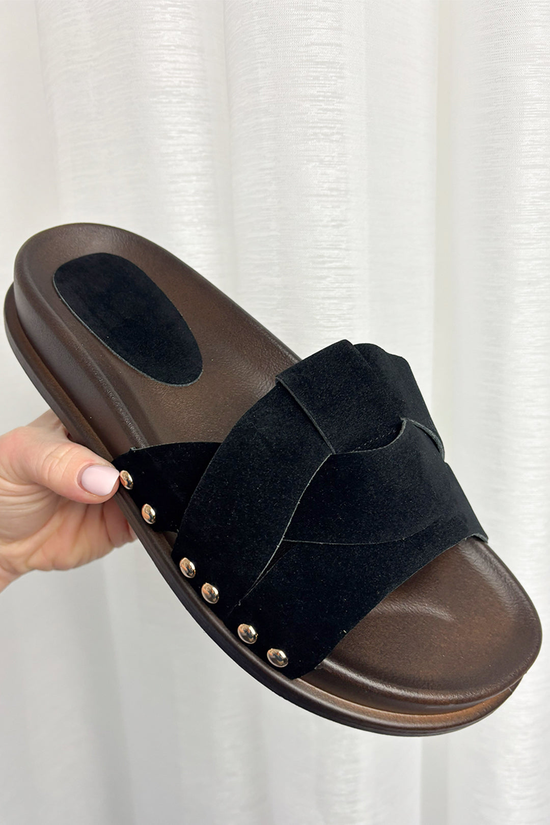 Womens Black Faux Suede Twisted Sliders