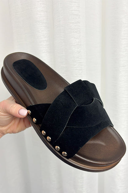 Womens Black Faux Suede Twisted Sliders