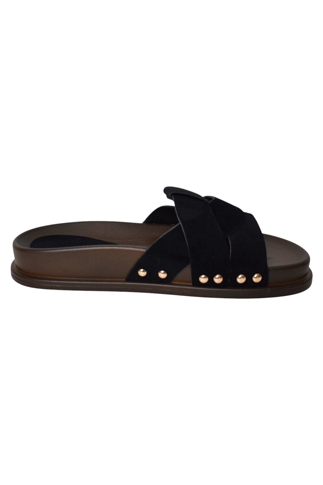 Womens Black Faux Suede Twisted Sliders