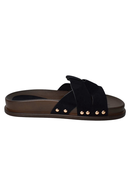 Womens Black Faux Suede Twisted Sliders