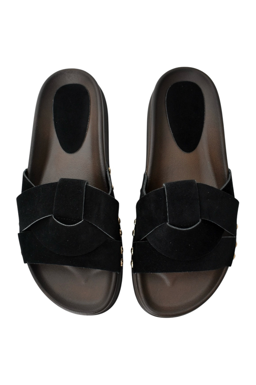 Womens Black Faux Suede Twisted Sliders