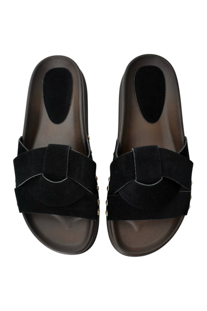 Womens Black Faux Suede Twisted Sliders