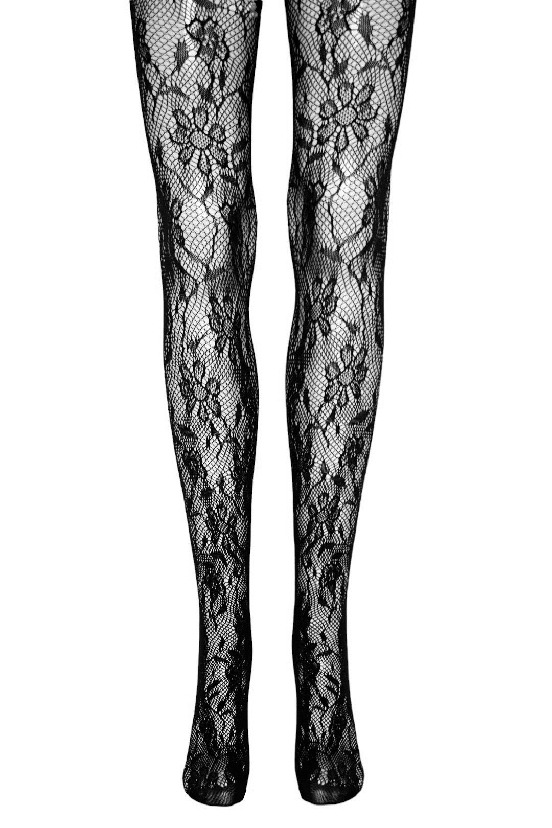 Womens Black Floral Lace Tights