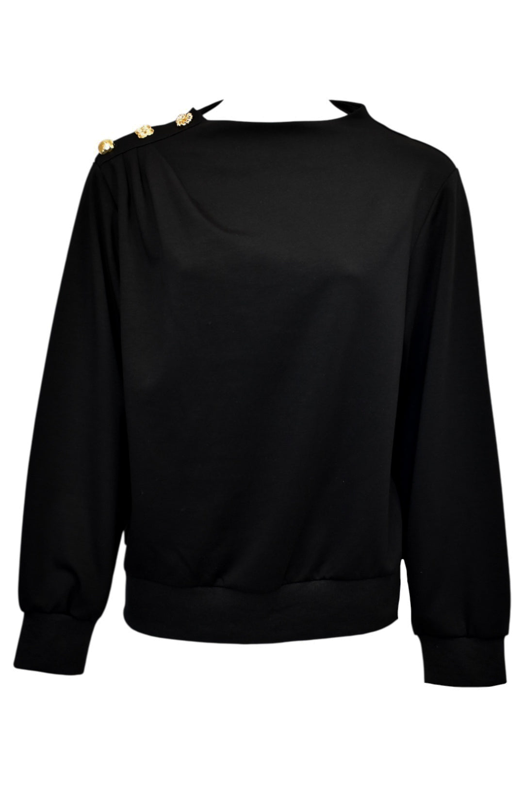 Black Gold Button Gathered Shoulder Sweatshirt