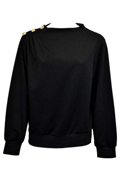 Black Gold Button Gathered Shoulder Sweatshirt