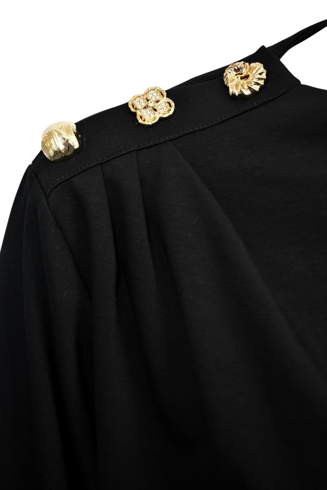 Black Gold Button Gathered Shoulder Sweatshirt