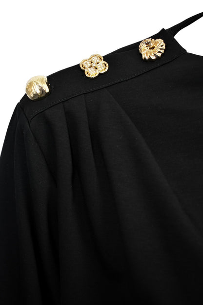 Black Gold Button Gathered Shoulder Sweatshirt