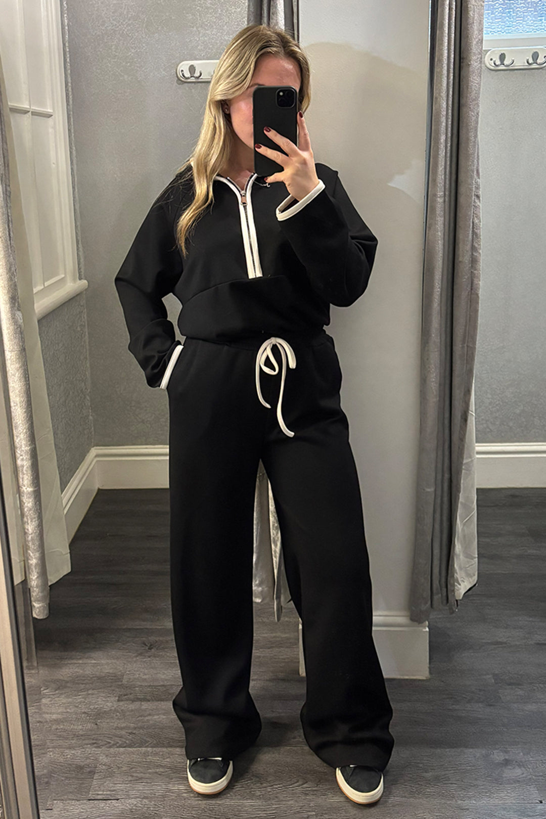 Womens Black Hooded Half Zip Wide Leg Loungesuit
