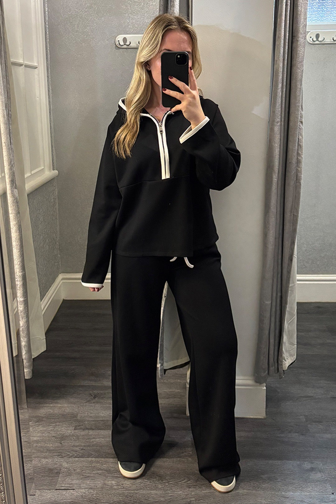 Womens Black Hooded Half Zip Wide Leg Loungesuit