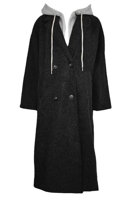 Black Hooded Woollen Duster Coat
