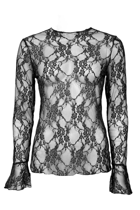 Womens Black Lace Flared Sleeve Top