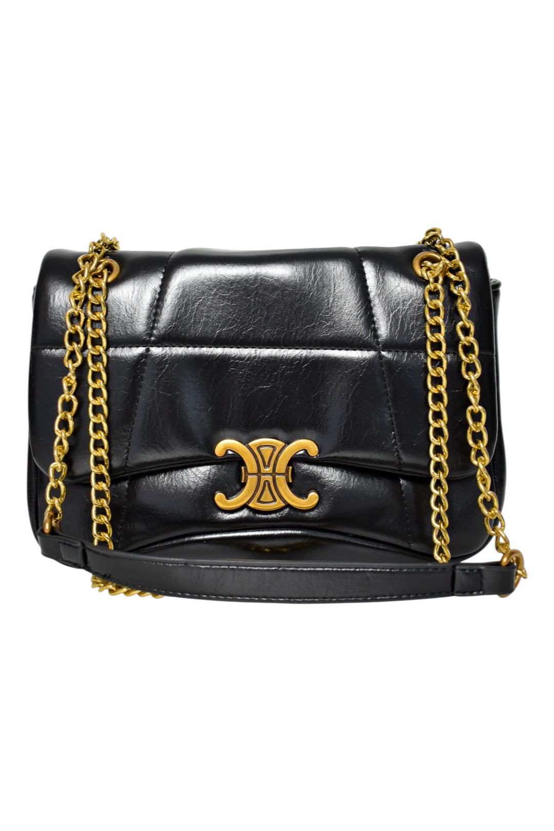 Black Quilted Gold Buckle Cross Body Bag