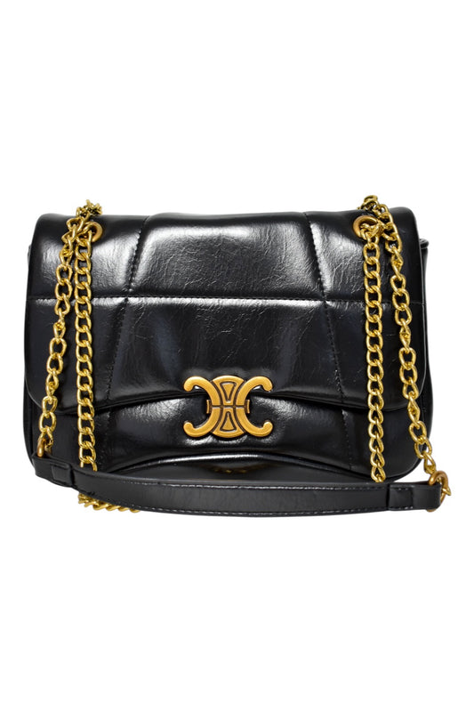 Black Quilted Gold Buckle Cross Body Bag