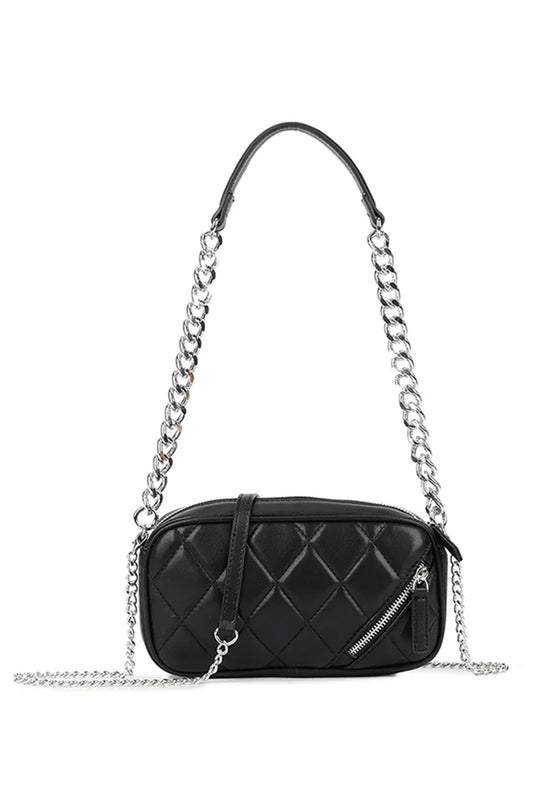 Black Quilted Zipped Silver Chain Bag