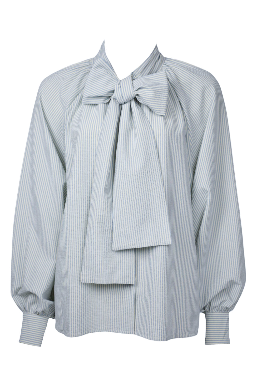 Womens Blue Pin Striped Bow Tie Blouse 
