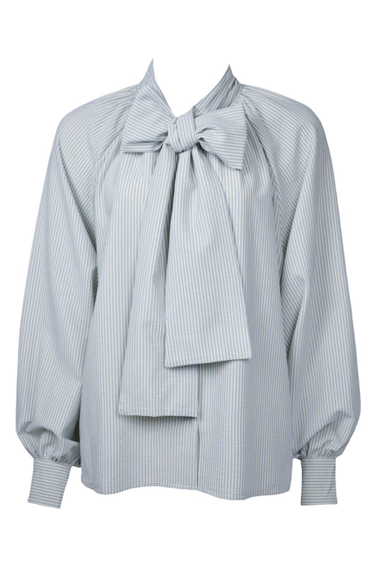Womens Blue Pin Striped Bow Tie Blouse 