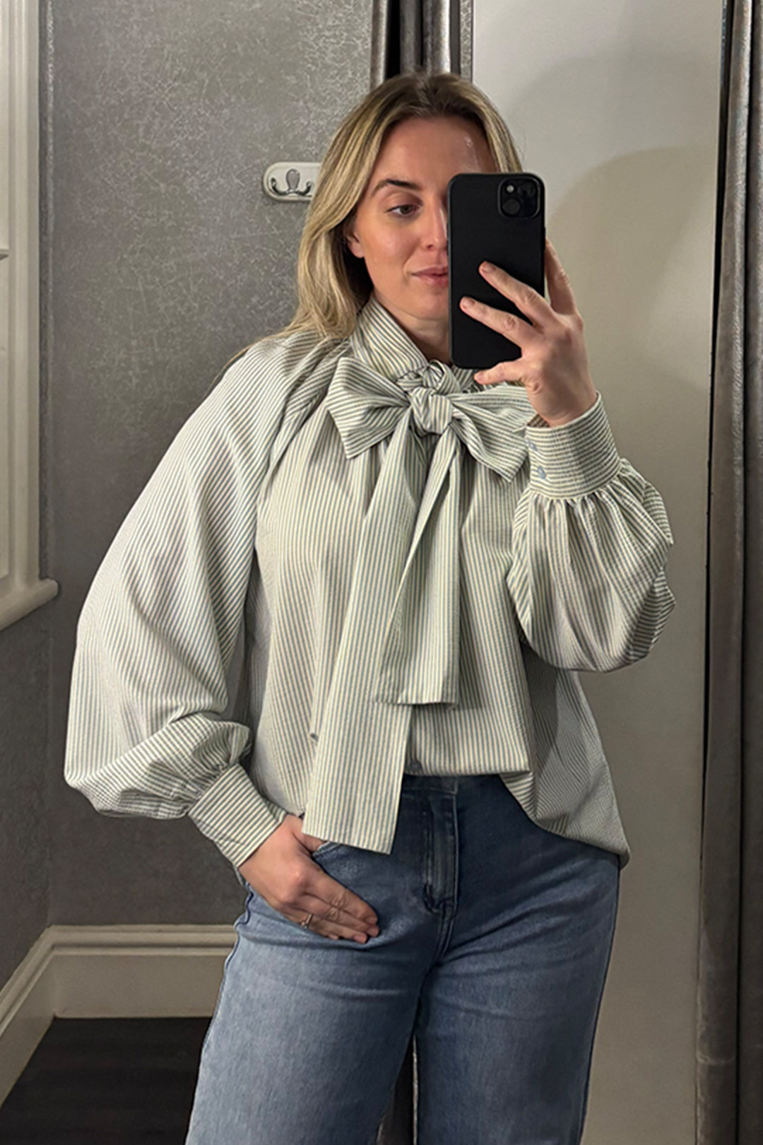 Womens Blue Pin Striped Bow Tie Blouse 