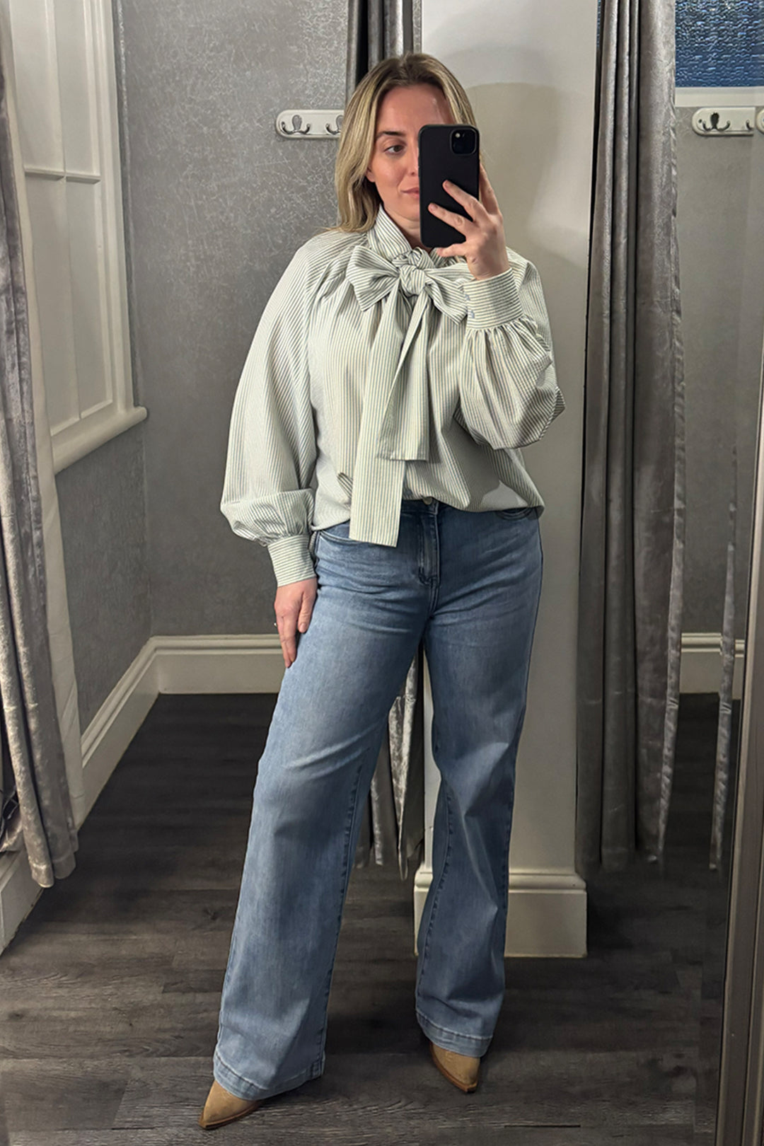 Womens Blue Pin Striped Bow Tie Blouse 