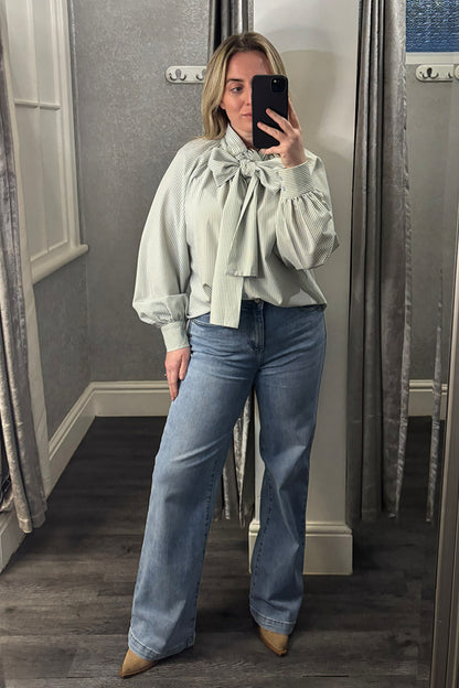 Womens Blue Pin Striped Bow Tie Blouse 