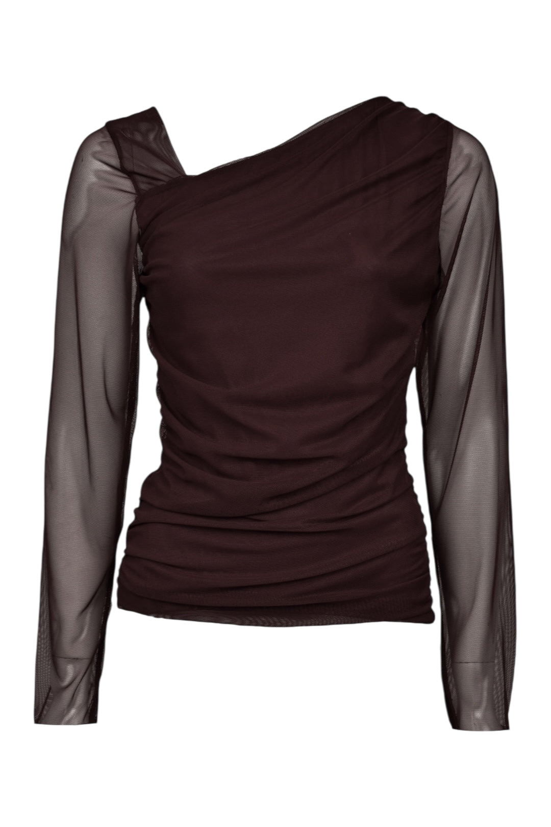 Brown Asymmetric Neck Ruched Sheer Top
