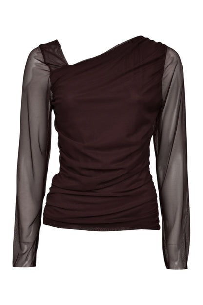 Brown Asymmetric Neck Ruched Sheer Top