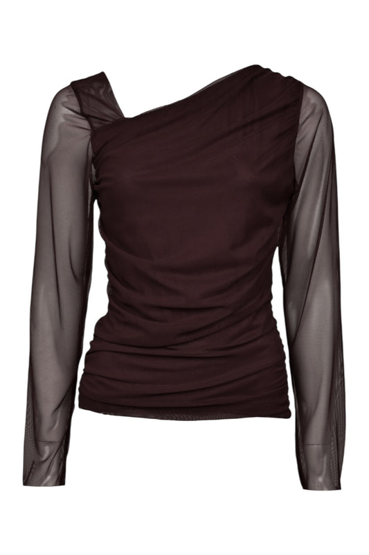 Brown Asymmetric Neck Ruched Sheer Top