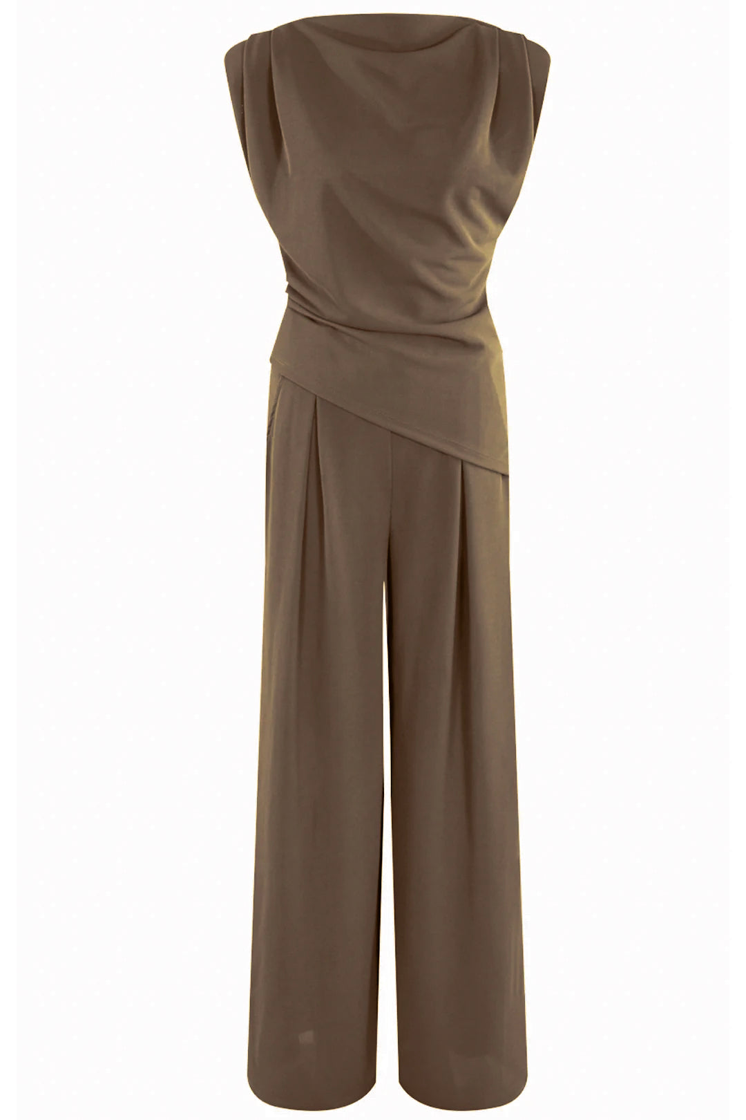 Womens Brown Asymmetric Ruched Top & Wide Leg Trousers Co-ord