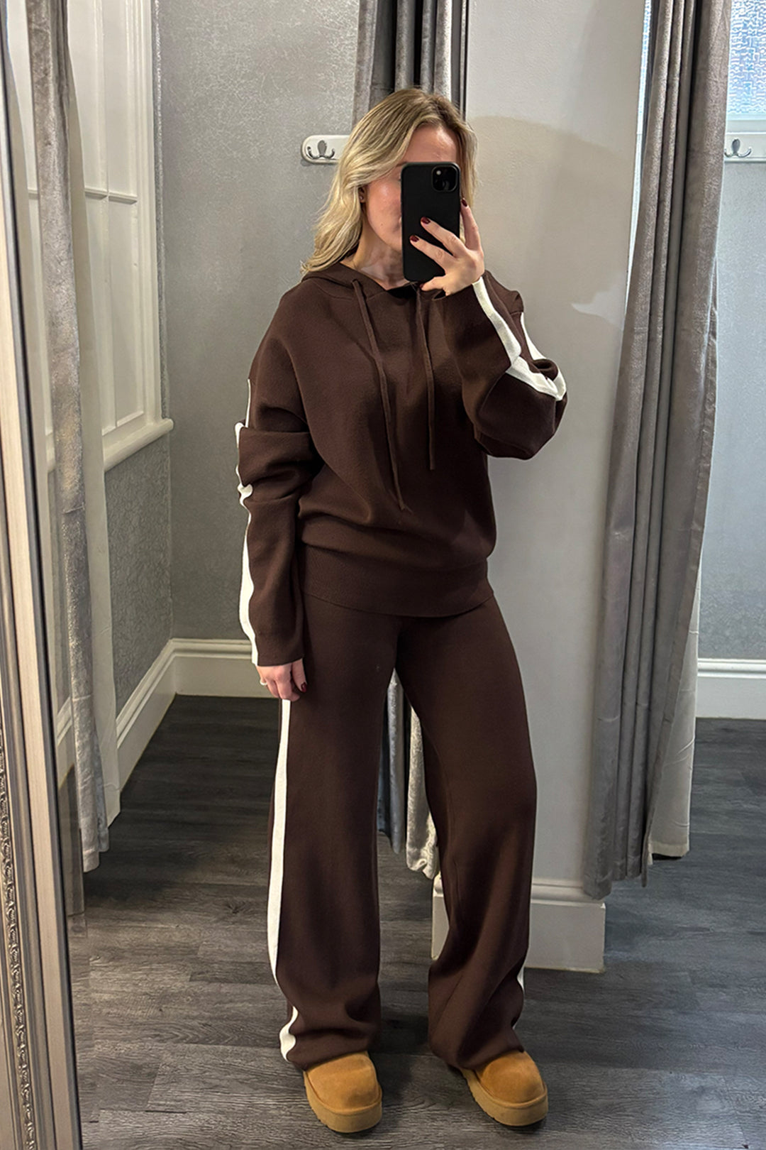 Brown Contrast Stripe Knitted Loungesuit