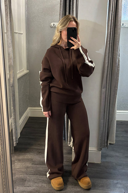 Brown Contrast Stripe Knitted Loungesuit